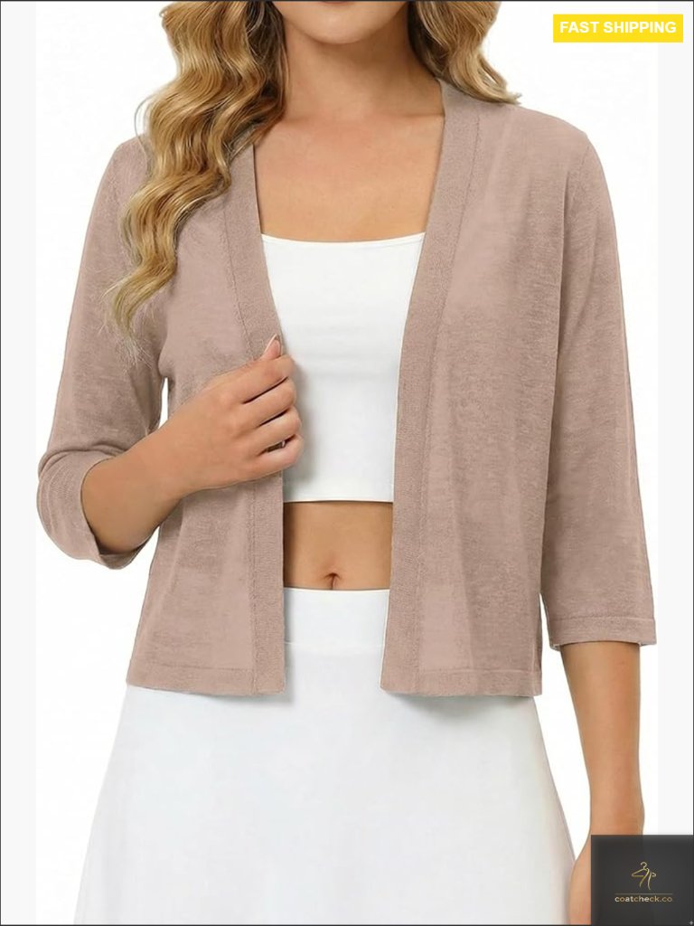 Lightweight Open Front Cropped Cardigan 3/4 Sleeve Sheer V-Neck Pull On Soft